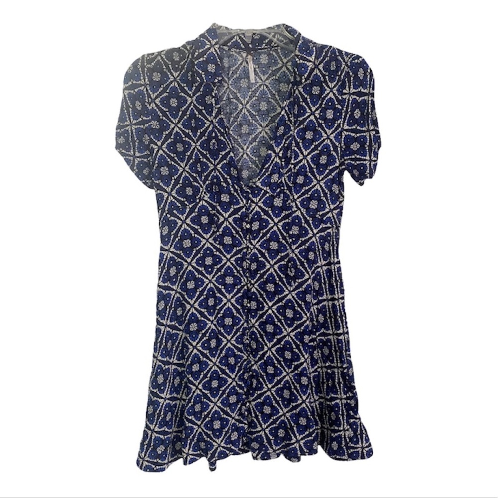 Free People Melody Print Mini Blue Shirt Collar Swing Babydoll Dress Size 0 - Picture 2 of 10